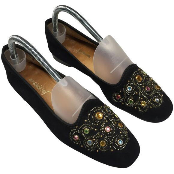Saks Fifth Avenue Flats Gem Embellished Black Velvet Round Toe Slip On Loafer 7 - Picture 12 of 13
